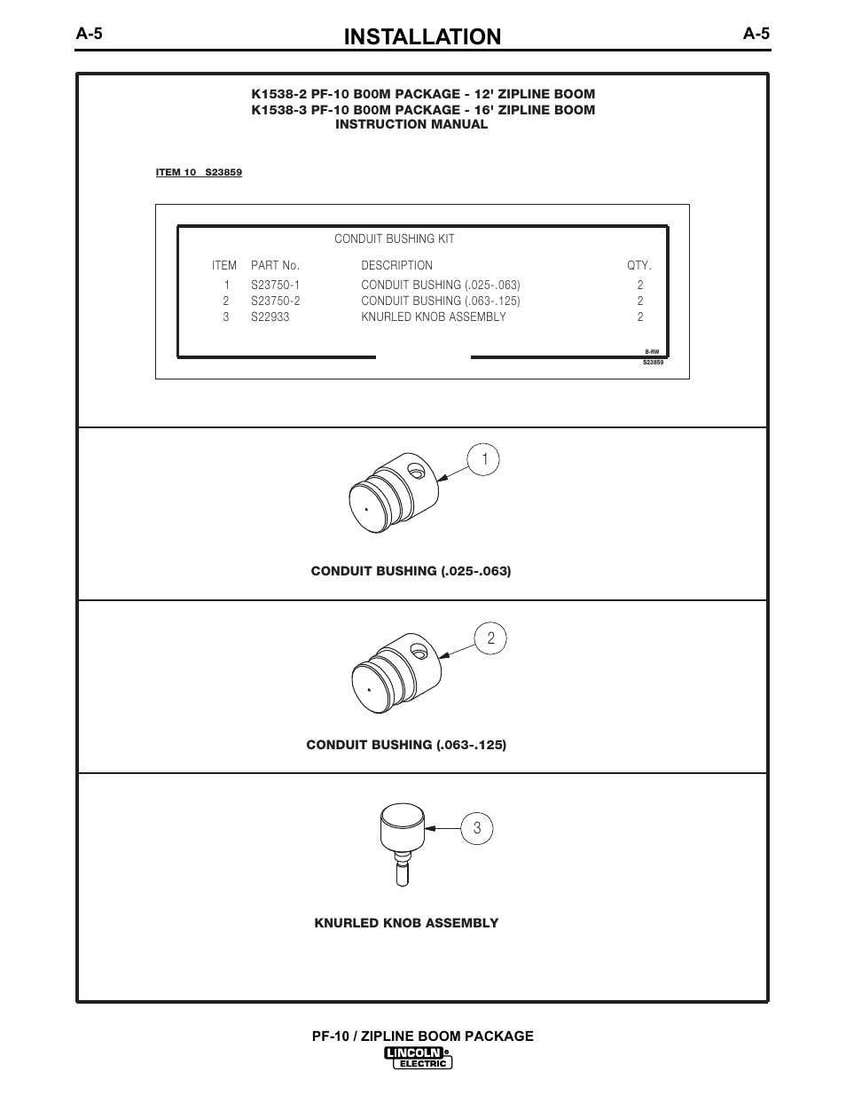 Installation, Pf-10 / zipline boom package | Lincoln Electric IM596-1 PF-10_ZIPLINE BOOM PACKAGE User Manual | Page 9 / 23