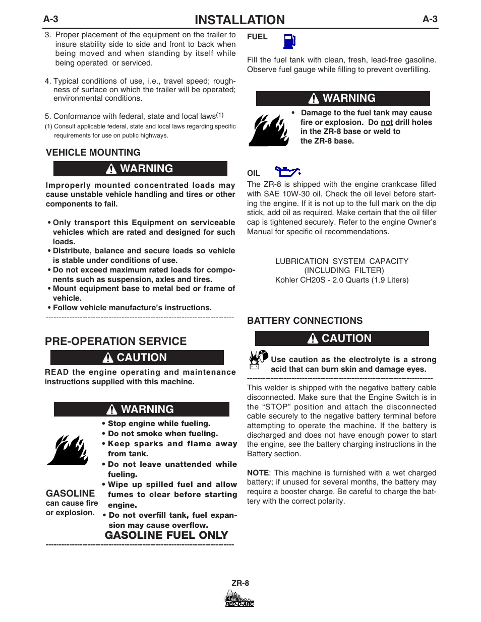 Installation, Pre-operation service, Gasoline fuel only | Warning, Caution, Warning caution | Lincoln Electric IM858 RED-D-ARC ZR-8 User Manual | Page 10 / 36