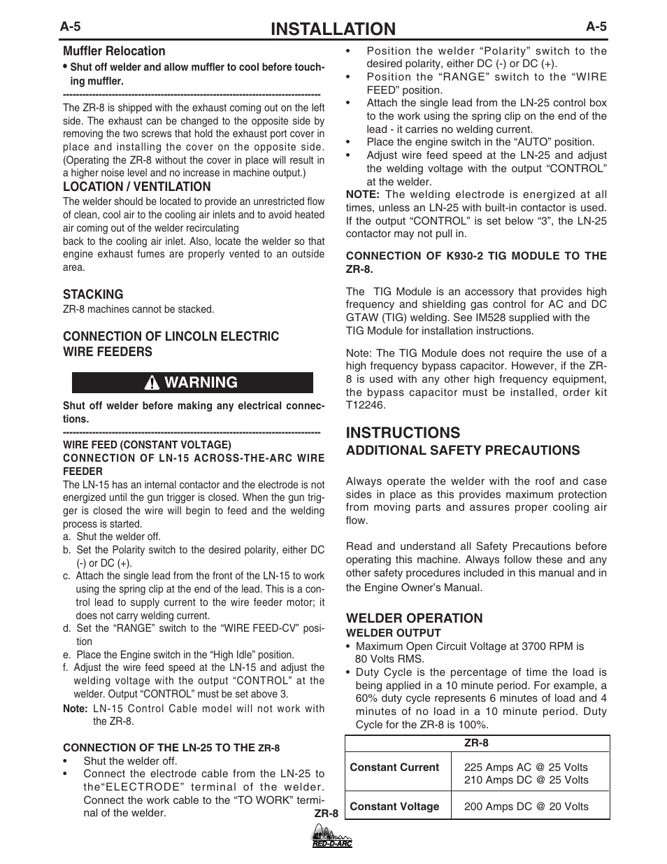 Installation, Instructions, Warning | Lincoln Electric IM858 RED-D-ARC ZR-8 User Manual | Page 12 / 36