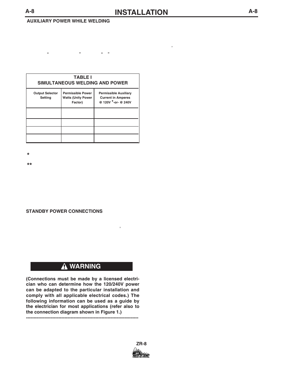 Installation, Warning | Lincoln Electric IM858 RED-D-ARC ZR-8 User Manual | Page 15 / 36