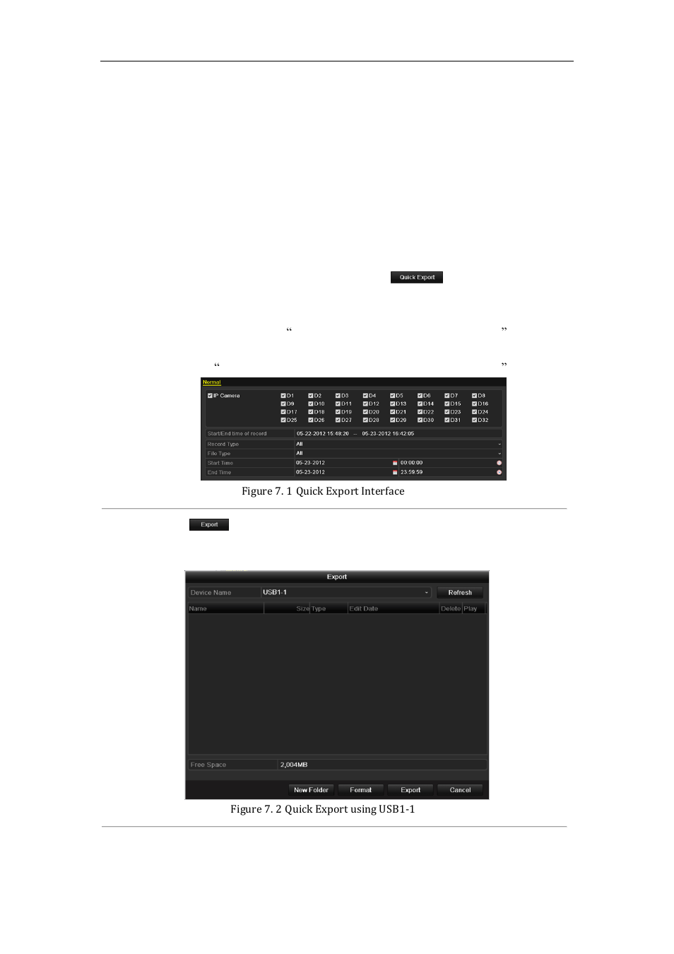 Backing up record files, Quick export, 1 backing up record files | 1 quick export | LT Security LTN7600 Series NVR (V2.2.3) User Manual | Page 105 / 205