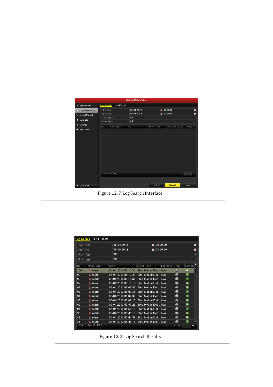 Searching & export log files, 2 searching & export log files | LT Security LTN7600 Series NVR (V2.2.3) User Manual | Page 184 / 205