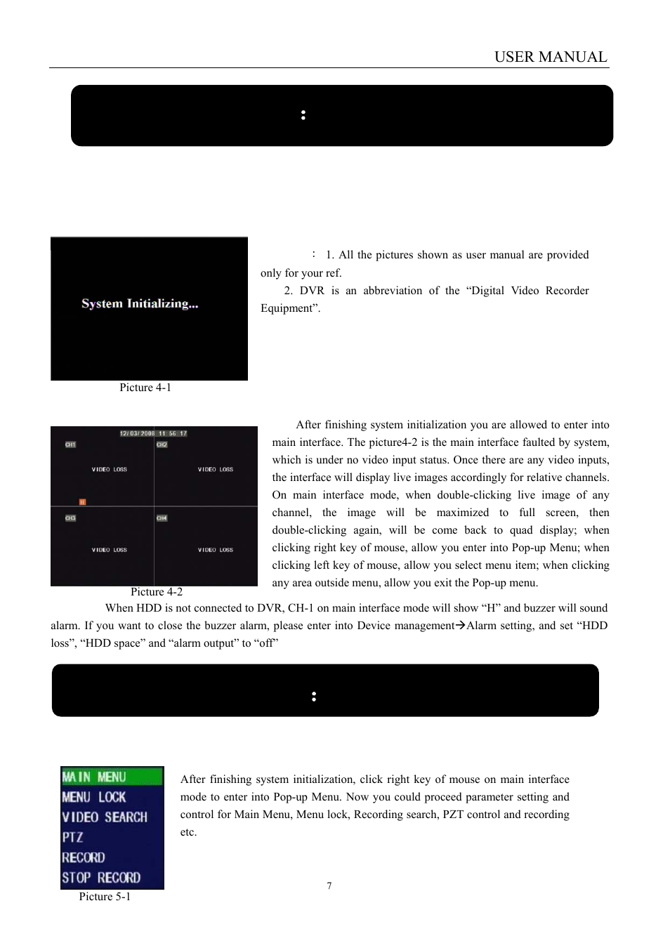 Chapter 4 ： dvr boot up, Chapter 5 ： dvr menu, 1 system initialization | 2 main interface, Pop-up menu, User manual | LT Security LTD451H6 User Manual | Page 10 / 33