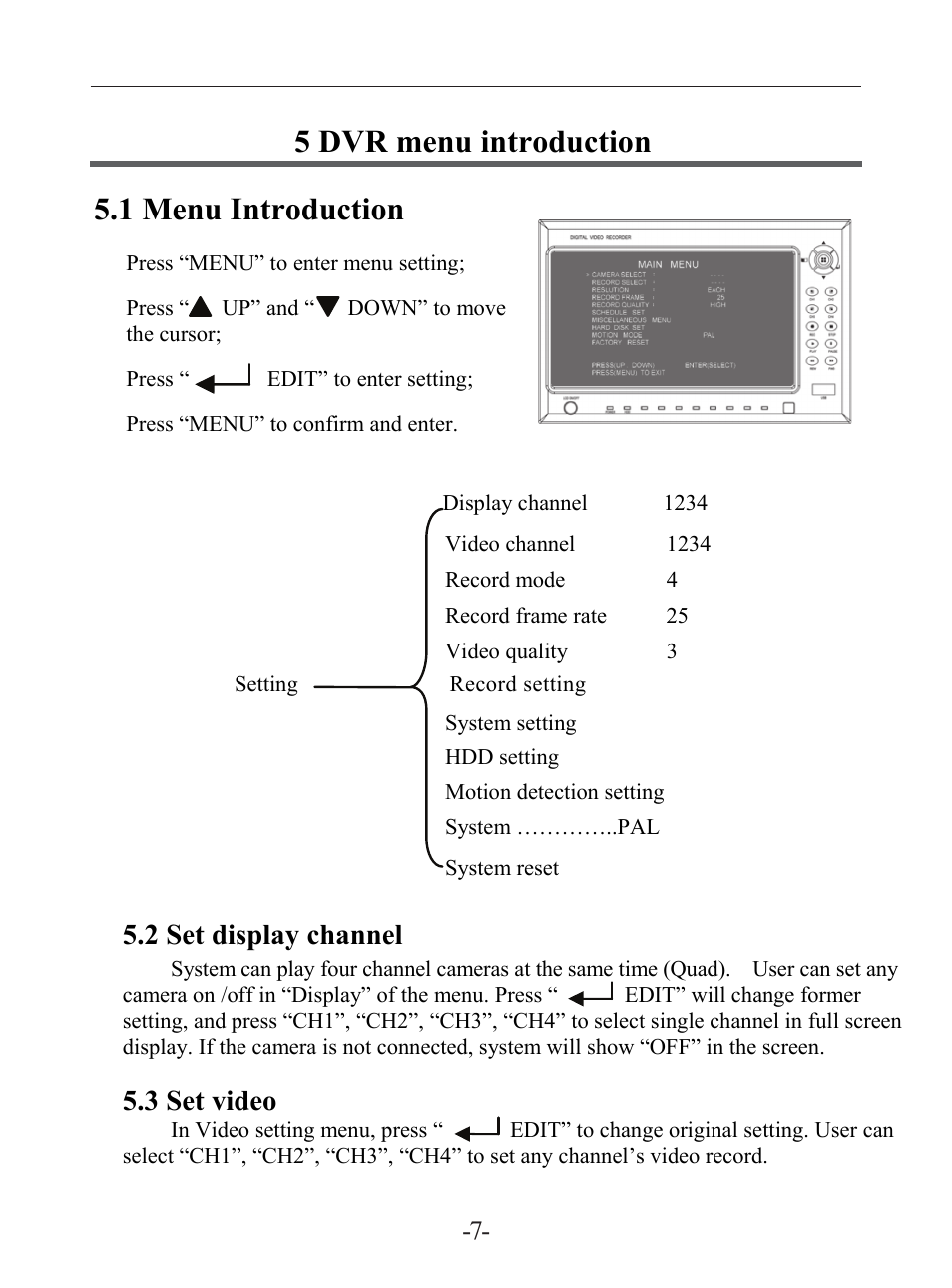 5 dvr menu introduction 5.1 menu introduction, 2 set display channel, 3 set video | LT Security LTD7604JM User Manual | Page 8 / 19