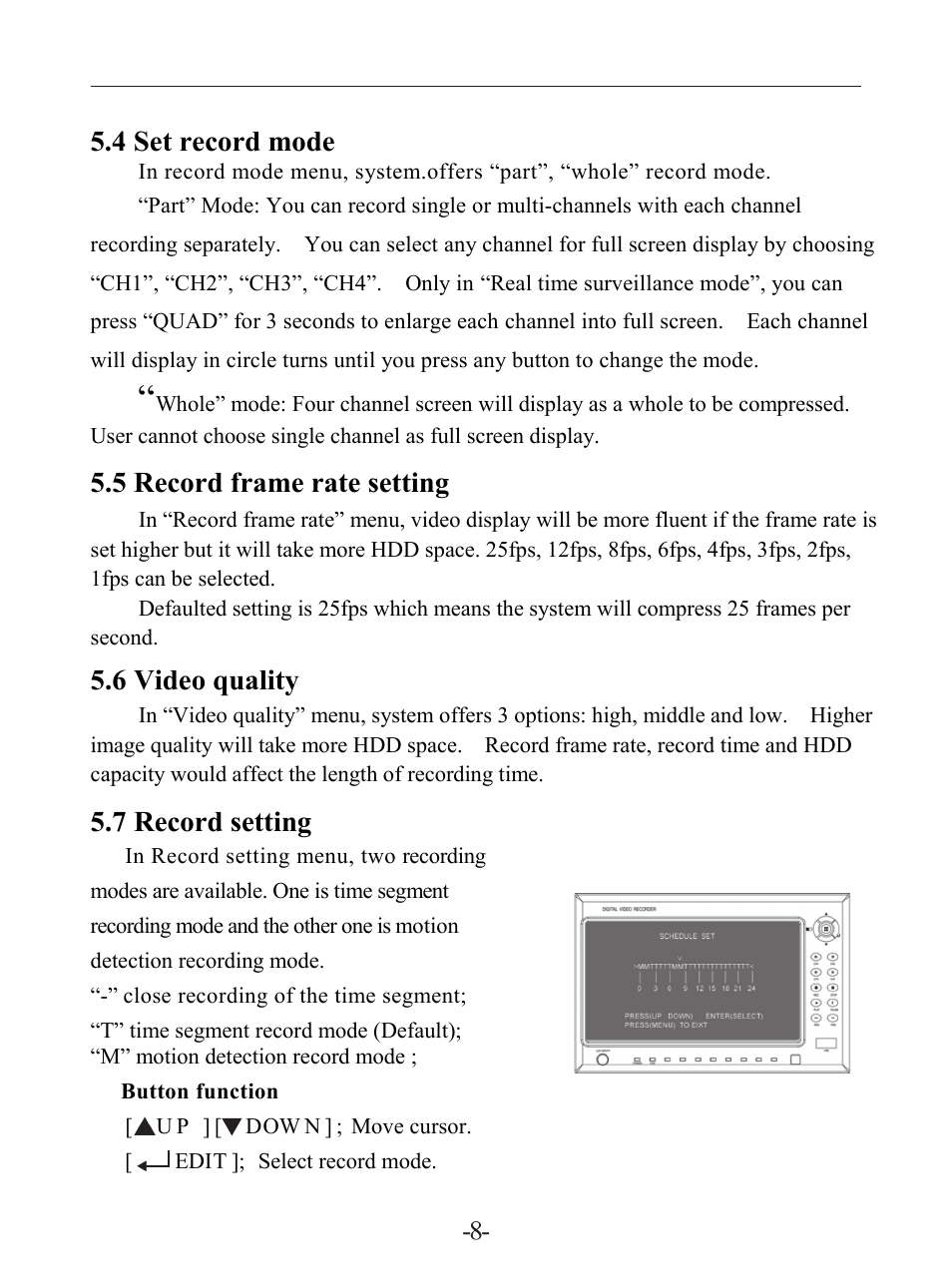 4 set record mode, 5 record frame rate setting, 6 video quality | 7 record setting | LT Security LTD7604JM User Manual | Page 9 / 19