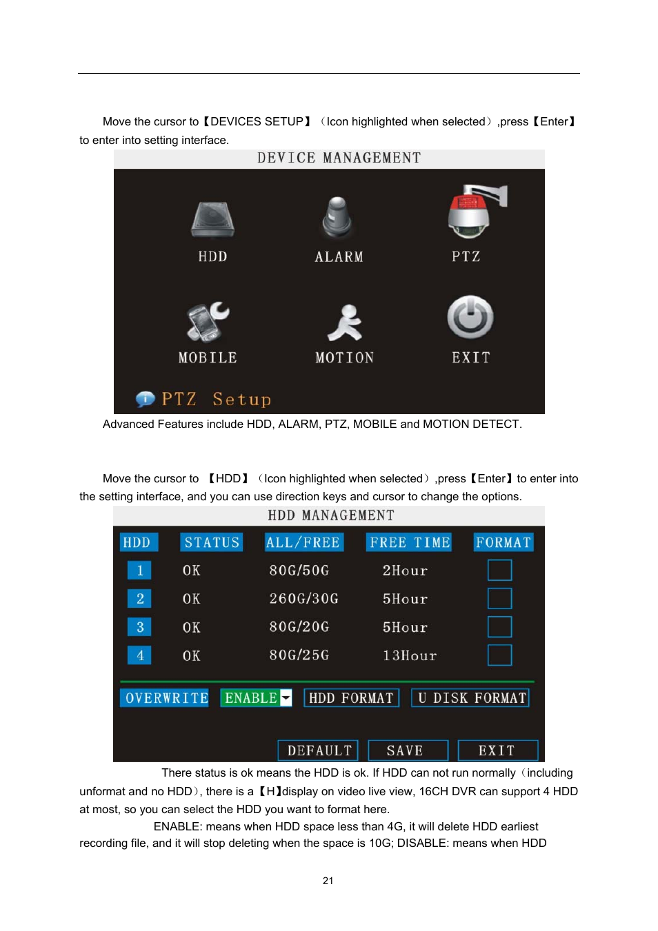 Devices setup, Hdd manage | LT Security LTD7726 CD User Manual | Page 21 / 48