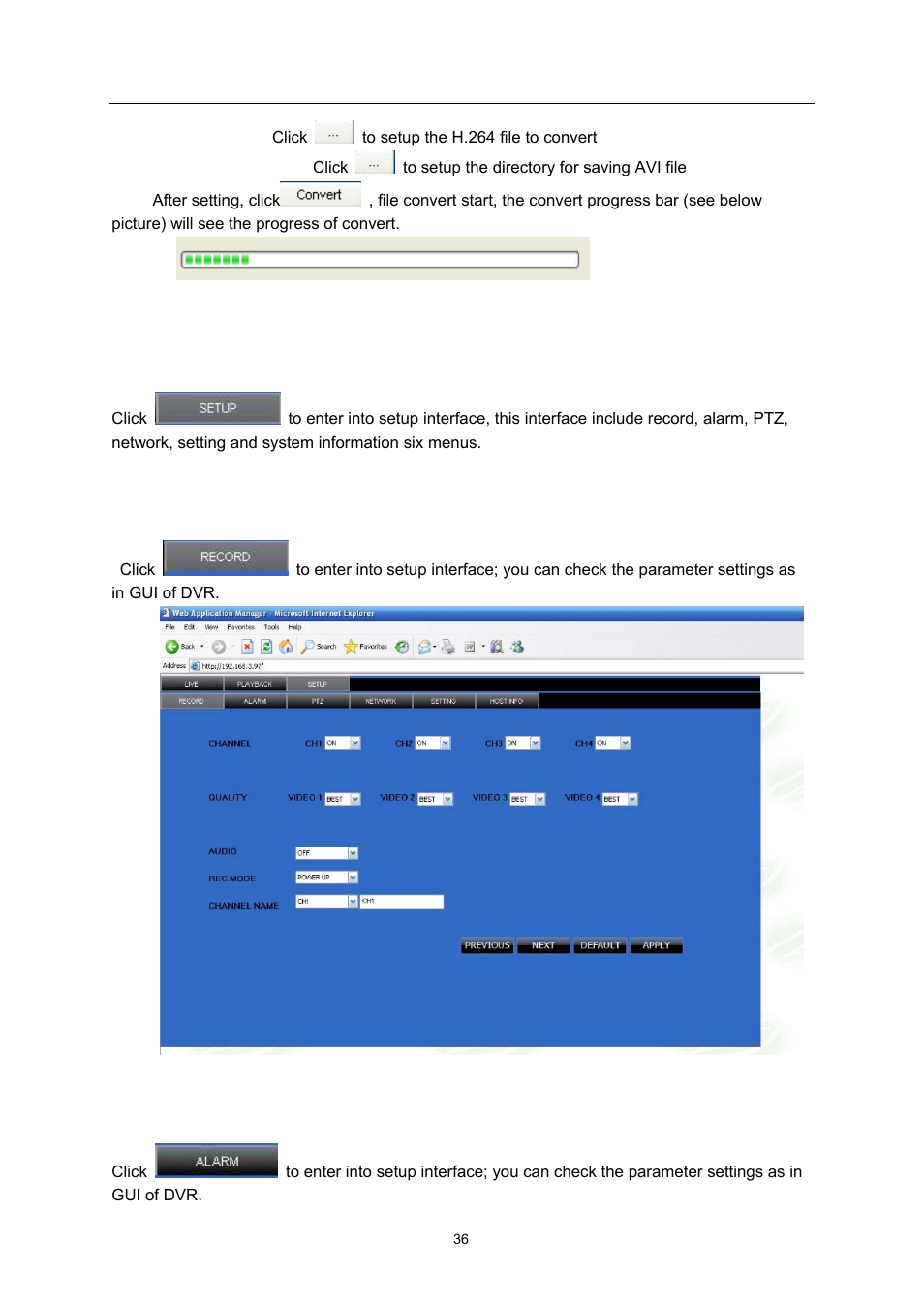 Setup, Record, Alarm | LT Security LTD7726 CD User Manual | Page 36 / 48