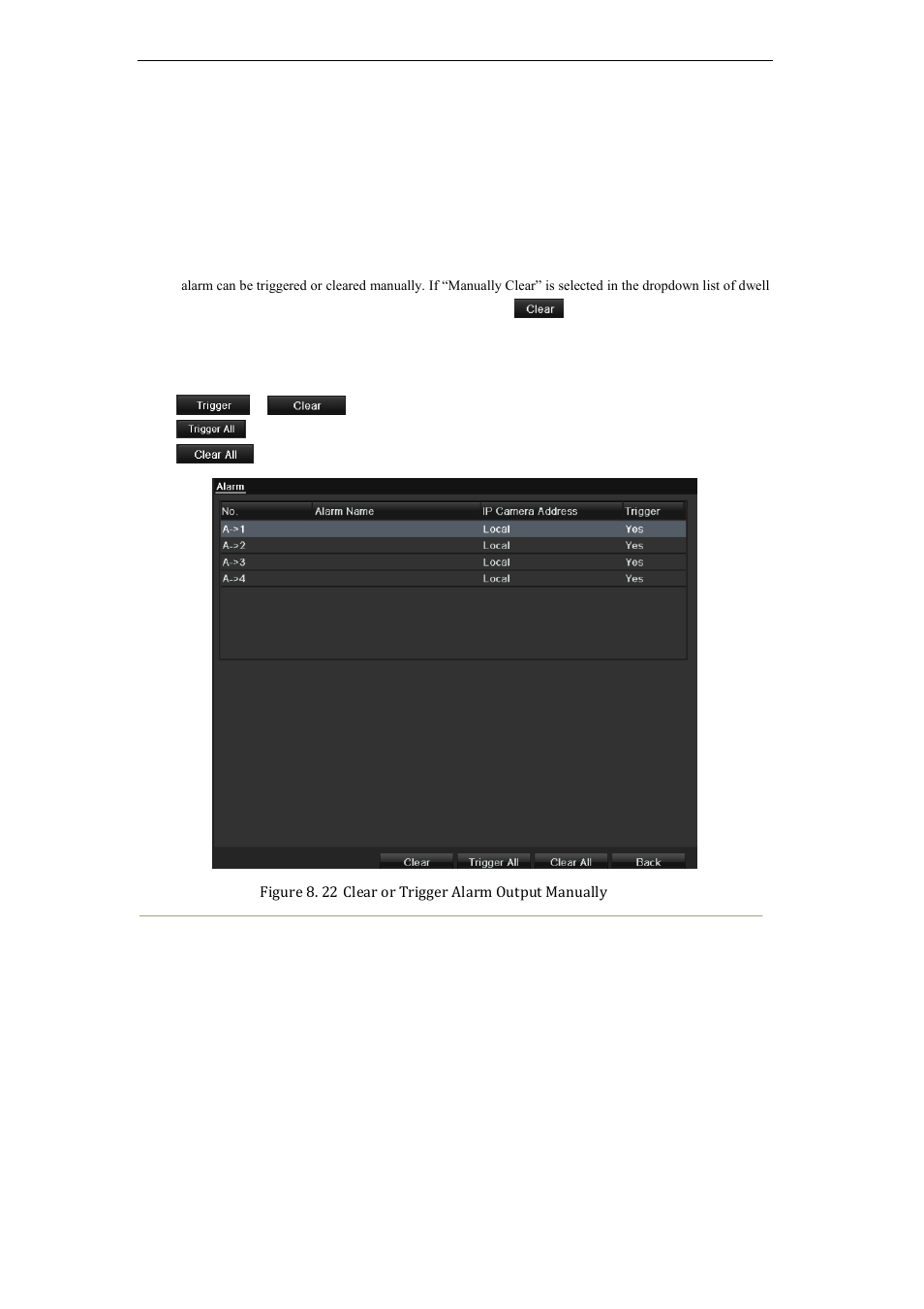 Triggering or clearing alarm output manually, 7 triggering or clearing alarm output manually | LT Security LTN7616-HT (Hybrid) User Manual | Page 118 / 193