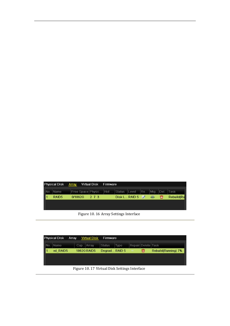 Rebuilding array, Automatically rebuilding array, 2 rebuilding array | 1 automatically rebuilding array | LT Security LTN8600 Series NVR (V2.3.2) User Manual | Page 158 / 215