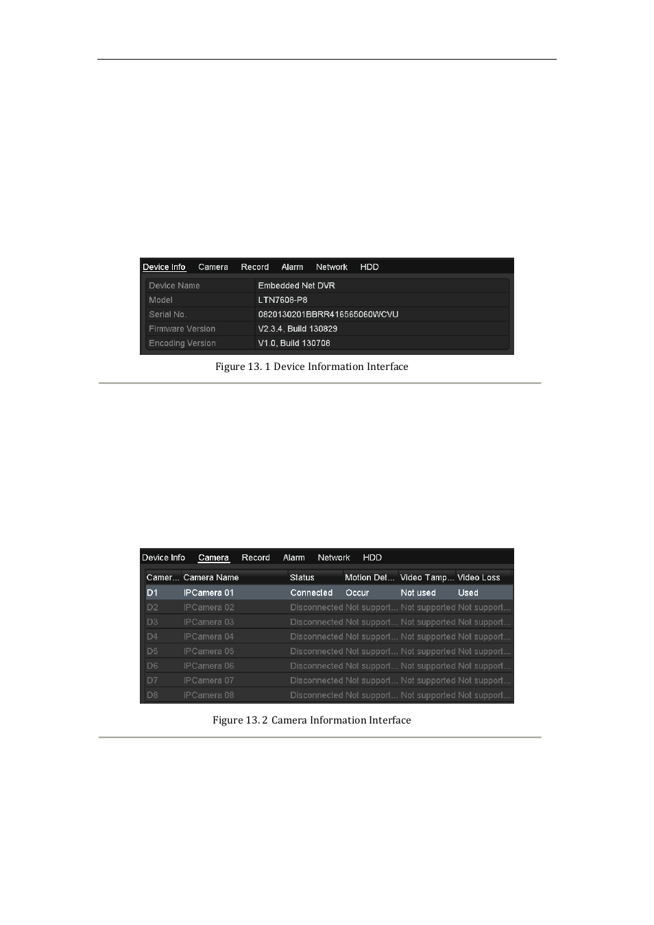 Viewing system information, Viewing device information, Viewing camera information | Viewing record information, 1 viewing system information, 1 viewing device information, 2 viewing camera information, 3 viewing record information | LT Security LTN8600 Series NVR (V2.3.2) User Manual | Page 189 / 215