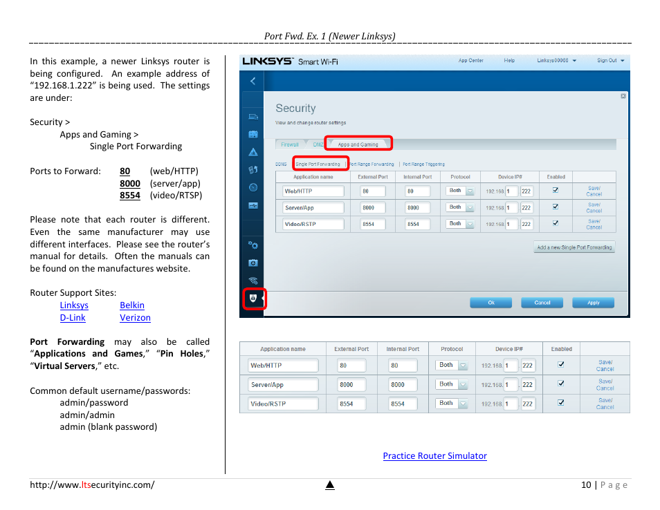 Port fwd. ex. 1 (newer linksys) | LT Security LTN7732-P8 Platinum Setup Guide User Manual | Page 10 / 24