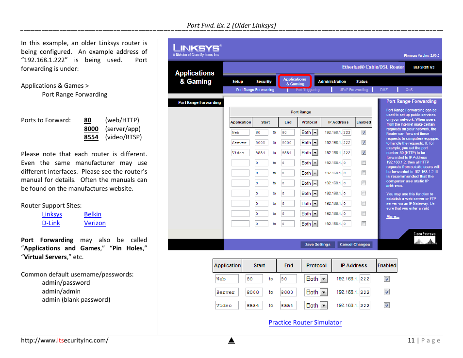 Port fwd. ex. 2 (older linksys) | LT Security LTN7732-P8 Platinum Setup Guide User Manual | Page 11 / 24