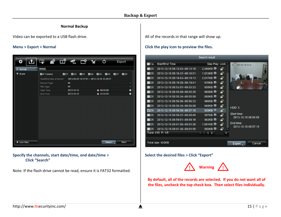 Backup & export | LT Security LTN7732-P8 Platinum Setup Guide User Manual | Page 15 / 24