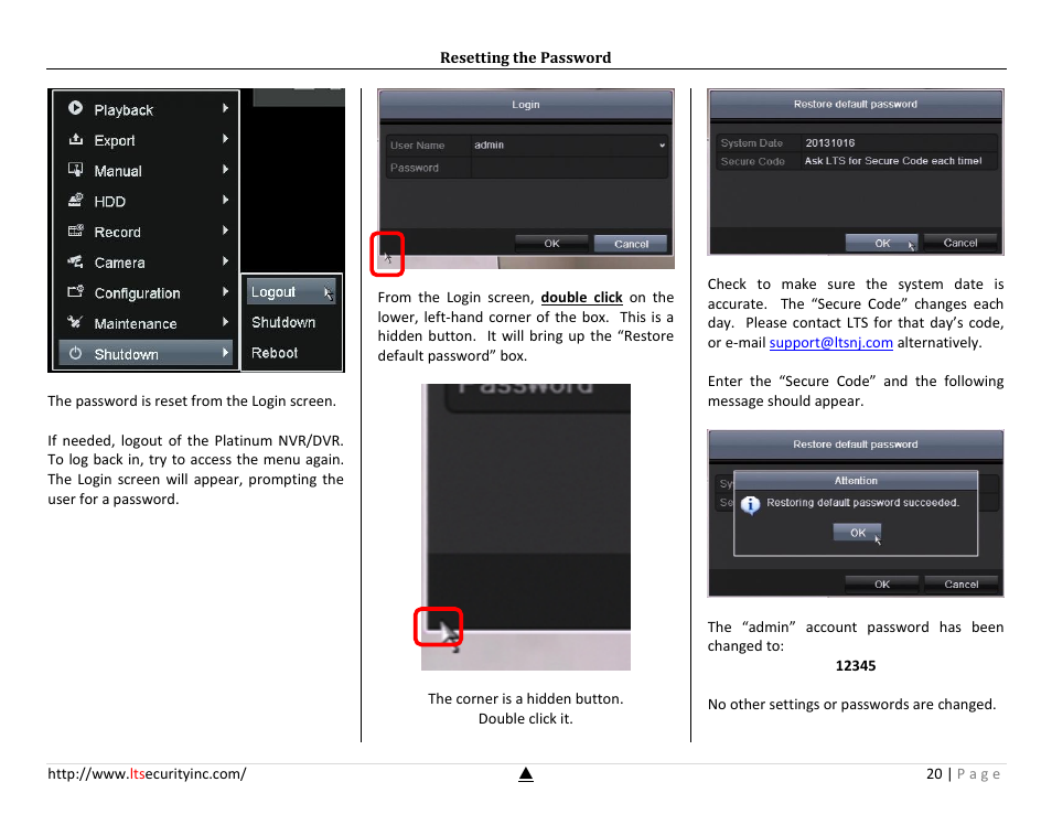 Resetting the password | LT Security LTN7732-P8 Platinum Setup Guide User Manual | Page 20 / 24