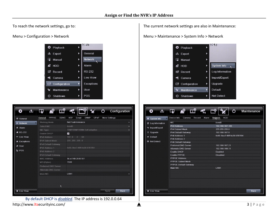 Dhcp, Assign or find the nvr’s ip address | LT Security LTN7732-P8 Platinum Setup Guide User Manual | Page 3 / 24