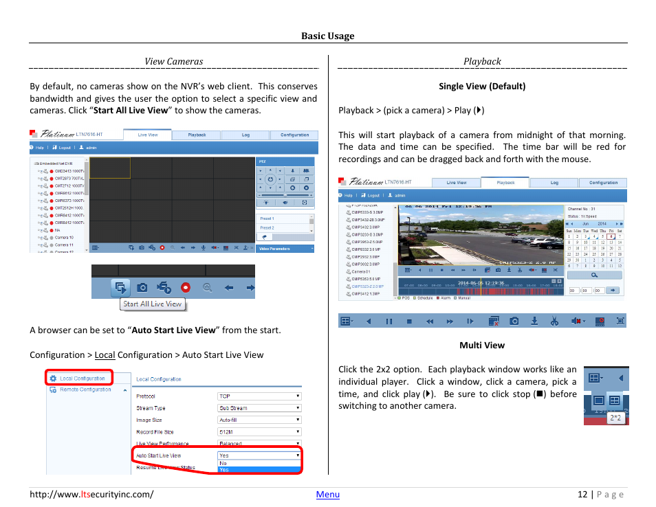 Basic usage, View cameras, Playback | LT Security LTN7732-P8 Platinum Web Guide User Manual | Page 12 / 28