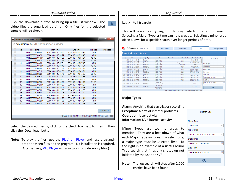 Download video, Log search | LT Security LTN7732-P8 Platinum Web Guide User Manual | Page 13 / 28