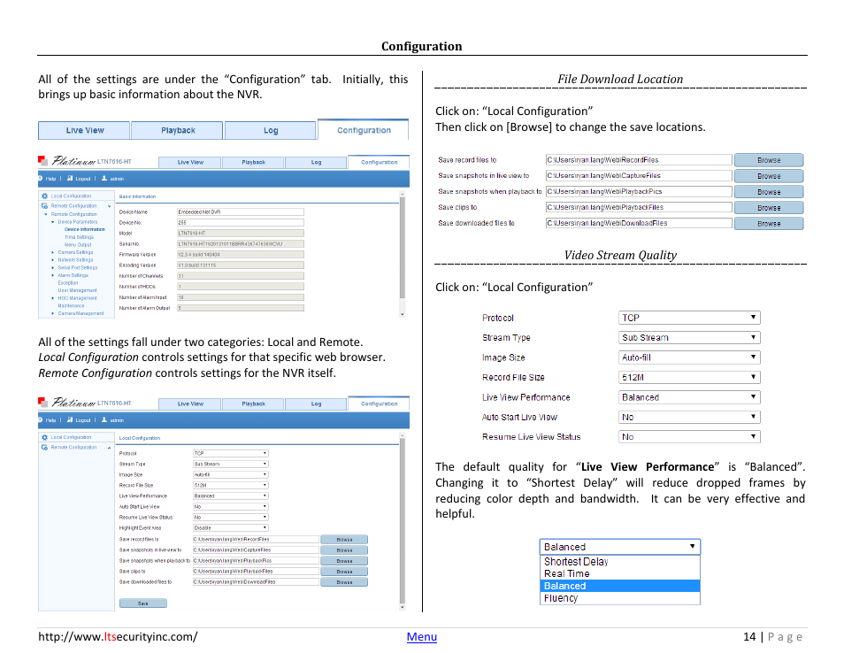 Configuration, File download location, Video stream quality | LT Security LTN7732-P8 Platinum Web Guide User Manual | Page 14 / 28