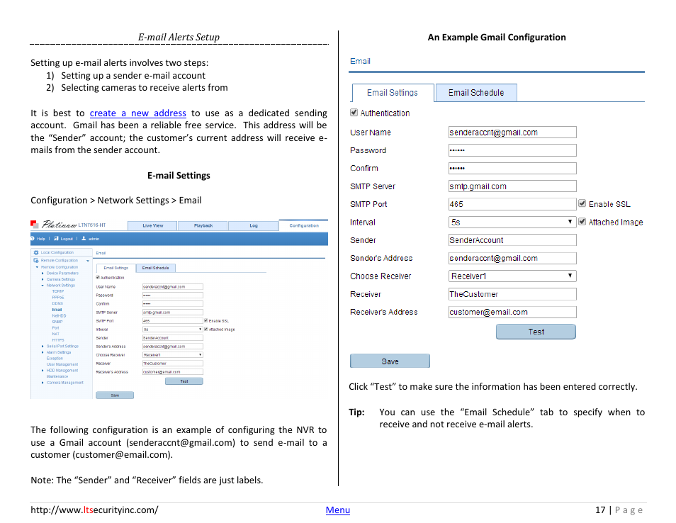 E-mail alerts setup | LT Security LTN7732-P8 Platinum Web Guide User Manual | Page 17 / 28