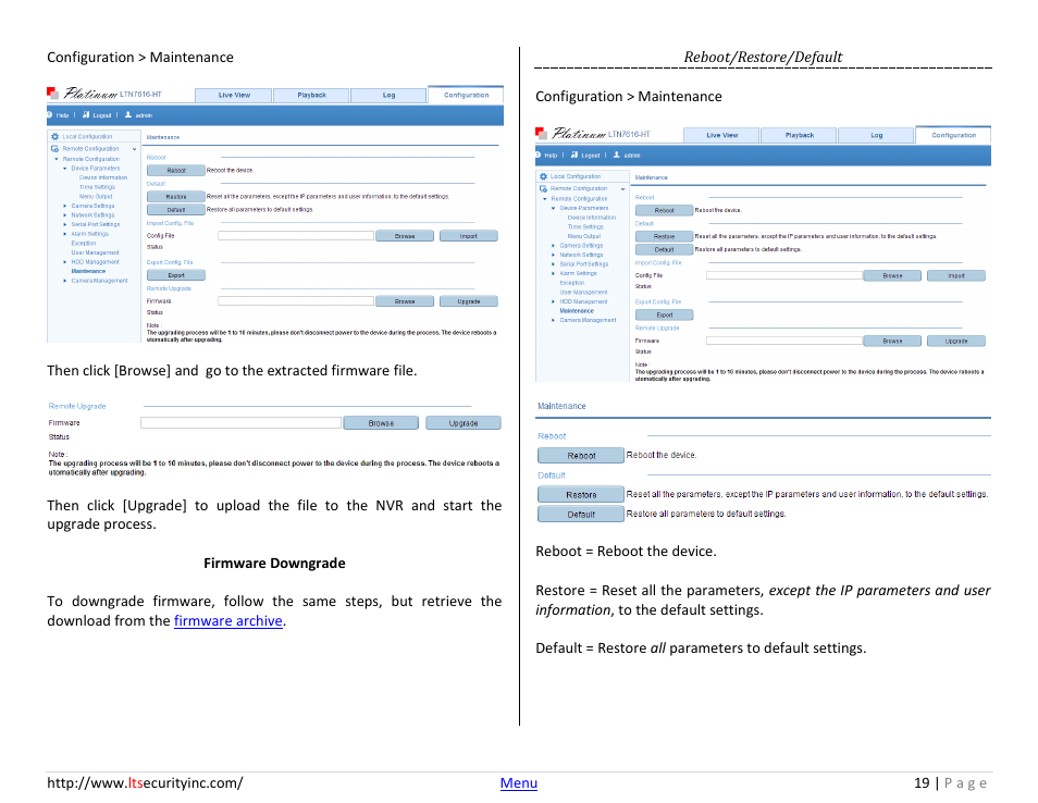 Reboot/restore/default | LT Security LTN7732-P8 Platinum Web Guide User Manual | Page 19 / 28