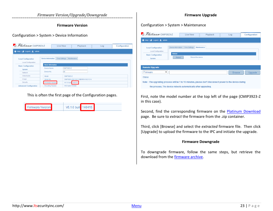 Firmware version/upgrade/downgrade . 23 | LT Security LTN7732-P8 Platinum Web Guide User Manual | Page 23 / 28