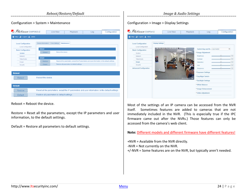 Reboot/restore/default, Image & audio settings | LT Security LTN7732-P8 Platinum Web Guide User Manual | Page 24 / 28