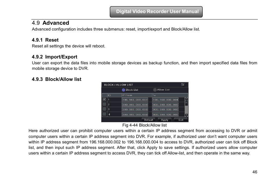 Advanced, Reset, Import/export | Block/allow list, 9 advanced, 1 reset, 2 import/export, 3 block/allow list | LT Security LTD2516HD-C User Manual | Page 52 / 113