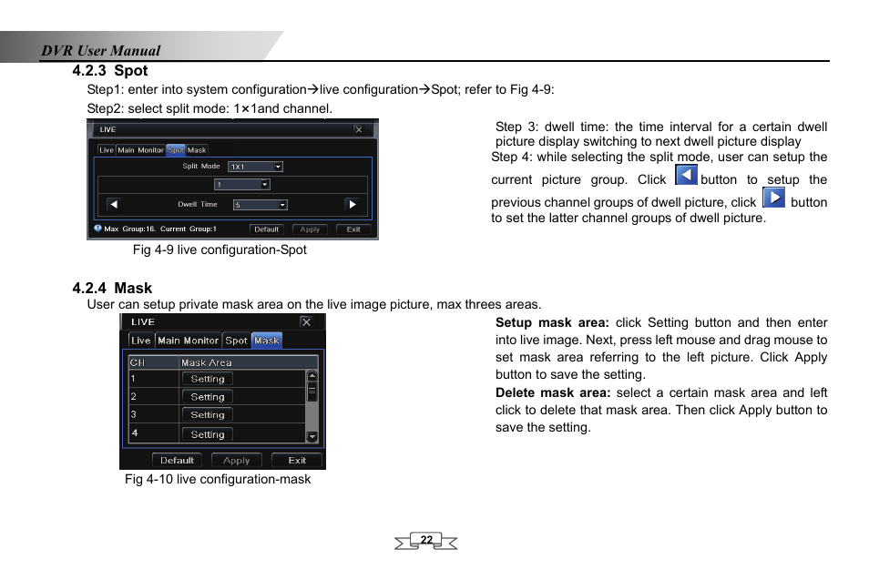 Spot, Step2: select split mode: 1×1and channel, Fig 4-9 live configuration-spot | Mask, 3 spot, 4 mask | LT Security LTD2432MD User Manual | Page 28 / 110