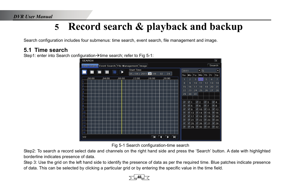 Record search & playback and backup, Time search, 5 record search & playback and backup | 1 time search | LT Security LTD2432MD User Manual | Page 52 / 110