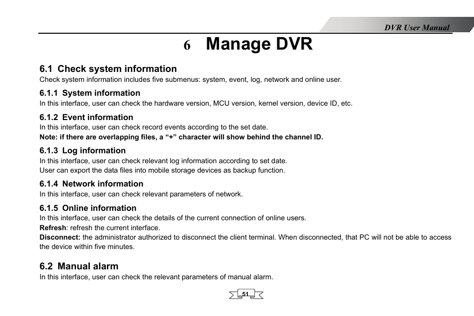 Manage dvr, Check system information, System information | Event information, Log information, Network information, Online information, Manual alarm, 6 manage dvr, 1 check system information | LT Security LTD2432MD User Manual | Page 57 / 110