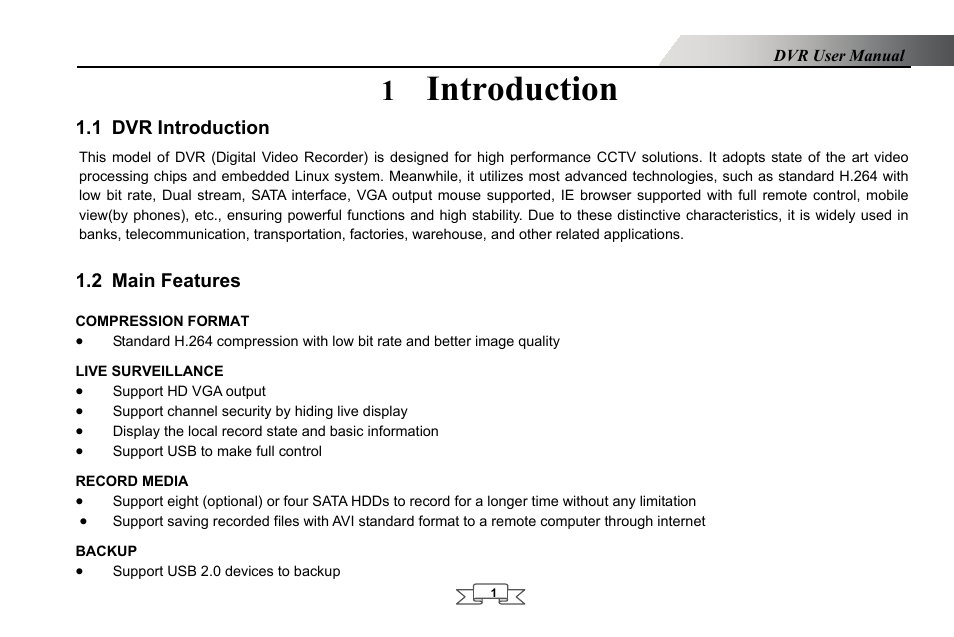 Introduction, Dvr introduction, Main features | Compression format, Live surveillance, Record media, Backup, 1 introduction, 1 dvr introduction, 2 main features | LT Security LTD2432MD User Manual | Page 7 / 110