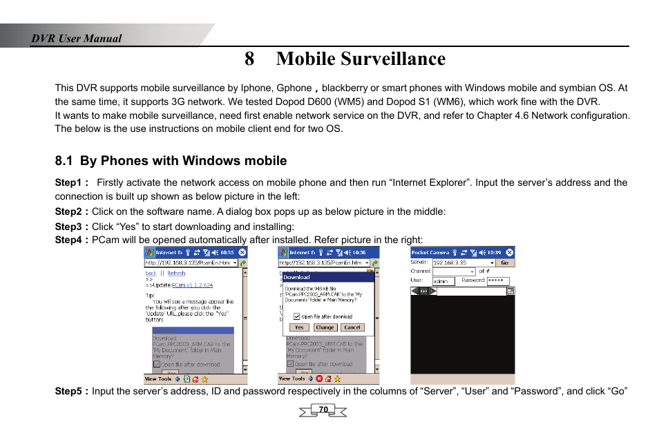 Mobile surveillance, By phones with windows mobile, 8 mobile surveillance | 1 by phones with windows mobile | LT Security LTD2432MD User Manual | Page 76 / 110