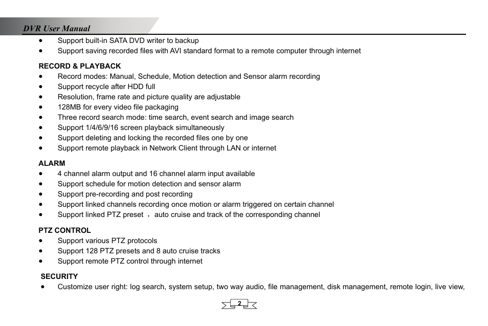 Record & playback, Alarm, Ptz control | Security | LT Security LTD2432MD User Manual | Page 8 / 110