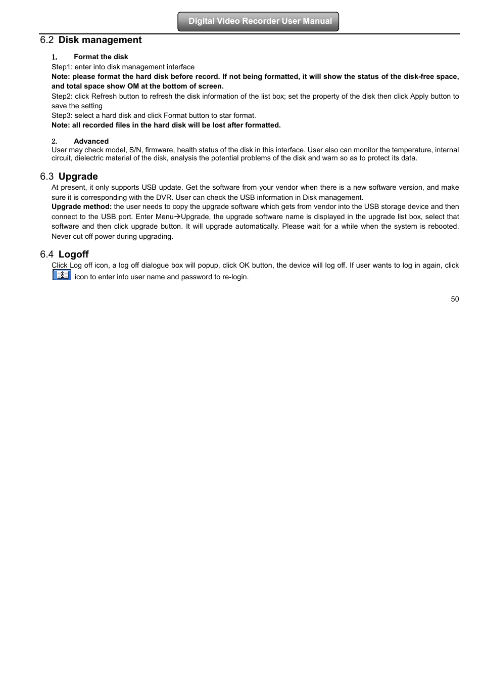 2 disk management, 3 upgrade, 4 logoff | LT Security LTD7904 User Manual | Page 56 / 106