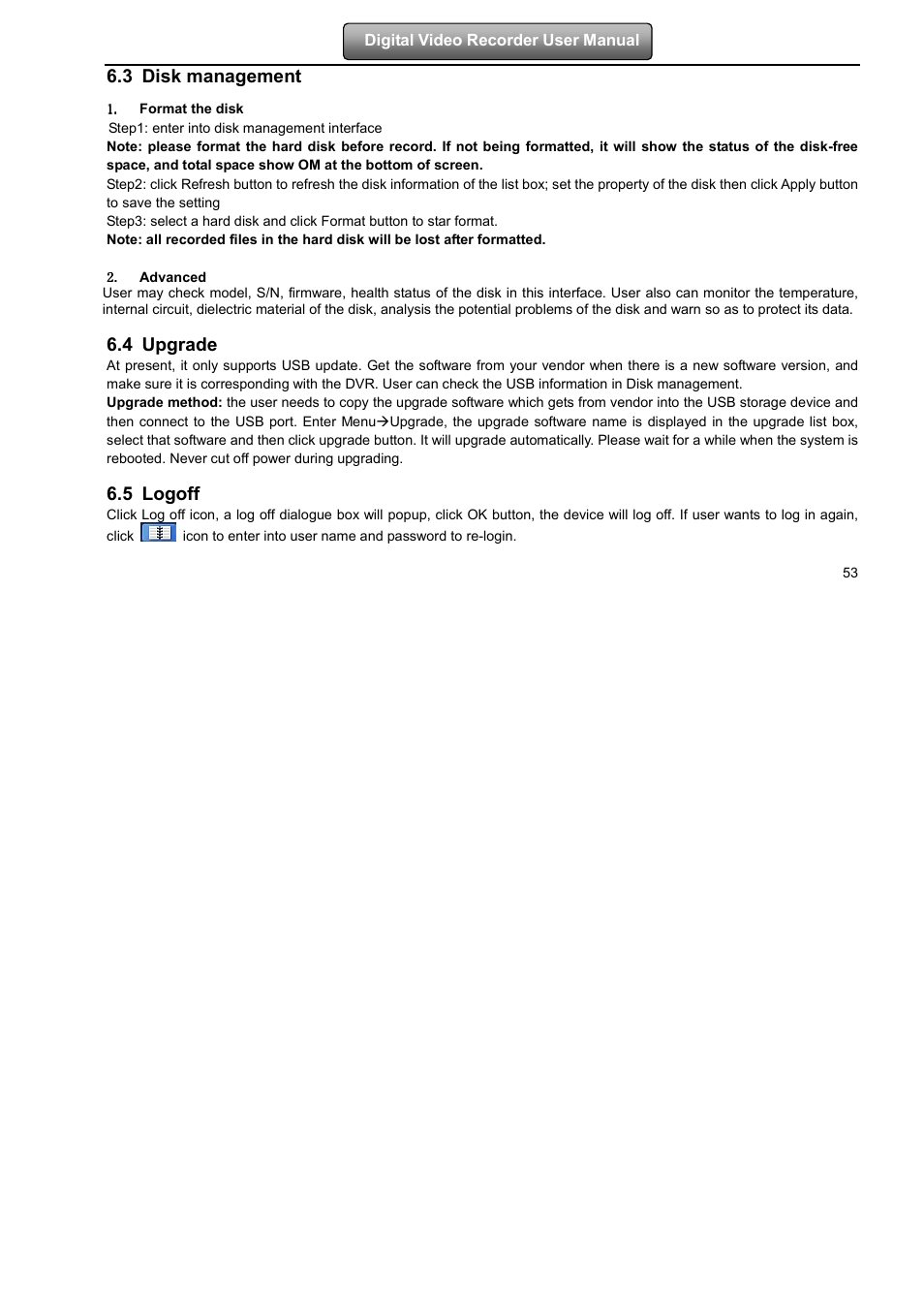 3 disk management, 4 upgrade, 5 logoff | LT Security LTD2508FD User Manual | Page 59 / 111