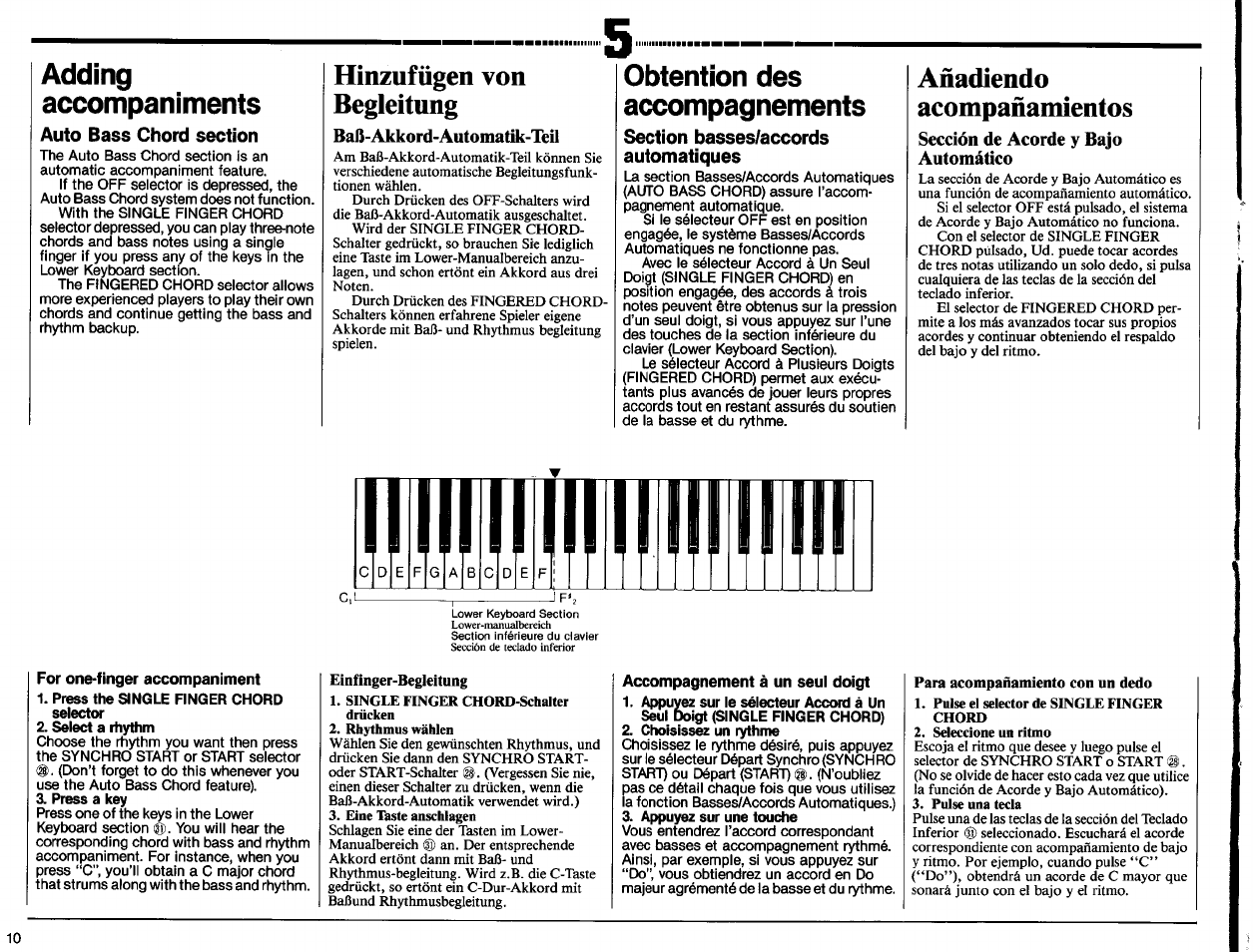 Hinzufügen von begleitung, Baß-akkord-automatik-teil, Añadiendo | Acompañamientos, Sección de acorde y bajo automático, For one-finger accompaniment, Accompagnement à un seul doigt, Secci, Pcm-rhythmus-teii, Sección de ritmo pcm | Yamaha PSR-60 User Manual | Page 12 / 32