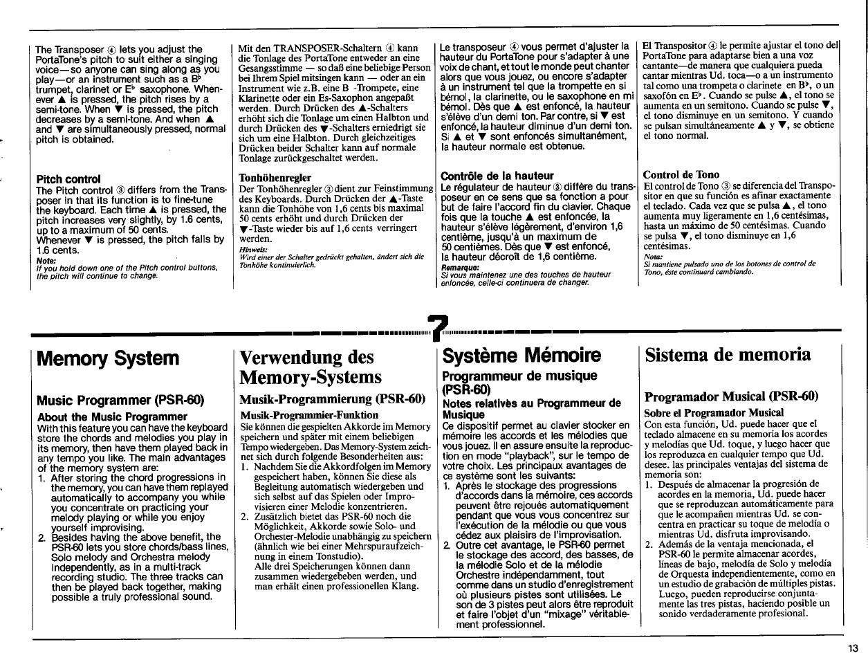 Pitch control, Contrôle de la hauteur, About the music programmer | Verwendung des memory-systems, Musik-programmierung (psr-60), Notes relativës au programmeur de musique, Sistema de memoria, Programador musical (psr-60), Système mémoire | Yamaha PSR-60 User Manual | Page 15 / 32