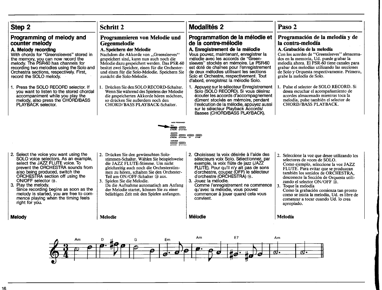 A. melody recording, Programmieren von melodie und, Gegenmelodie | A. enregistrement de la mélodie, Programación de la melodía y de la contra-melodía, Step 2, Schritt 2, Modalités 2, Paso 2 | Yamaha PSR-60 User Manual | Page 18 / 32