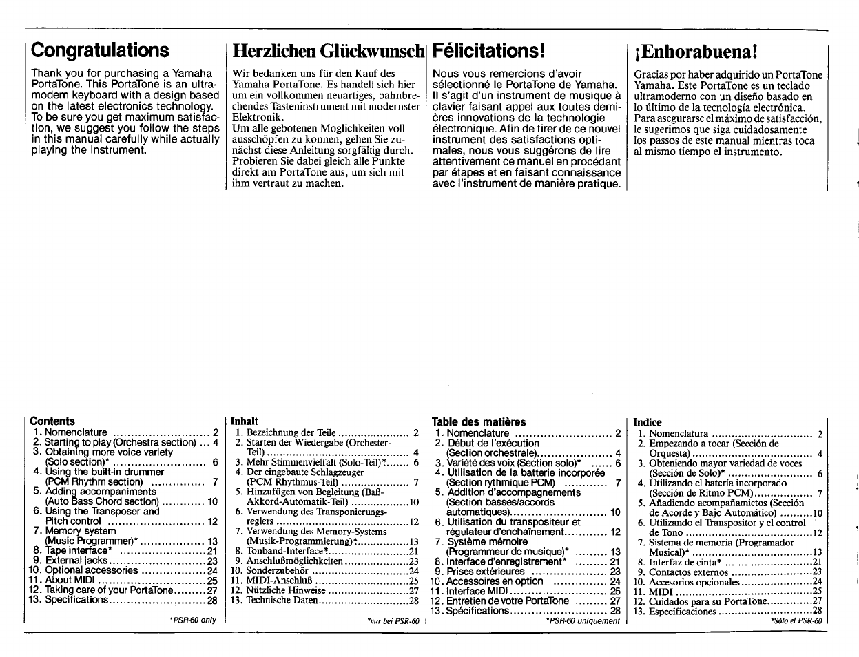 Herzlichen glückwunsch, Enhorabuena, Félicitations | Yamaha PSR-60 User Manual | Page 2 / 32