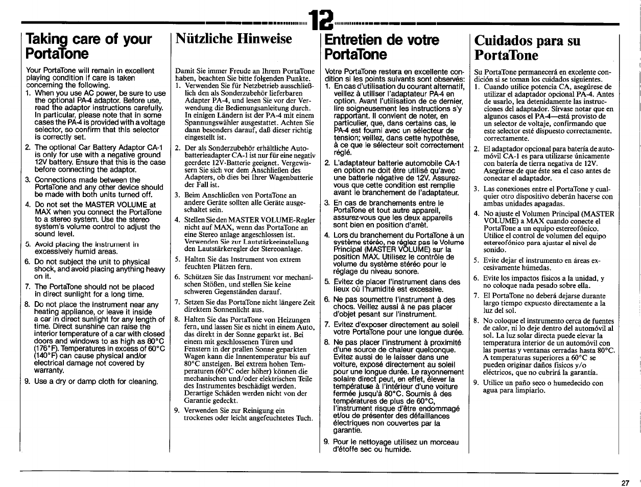 Nützliche hinweise, Cuidados para su portatone, Taking care of your portatone | Entretien de votre portatone | Yamaha PSR-60 User Manual | Page 29 / 32