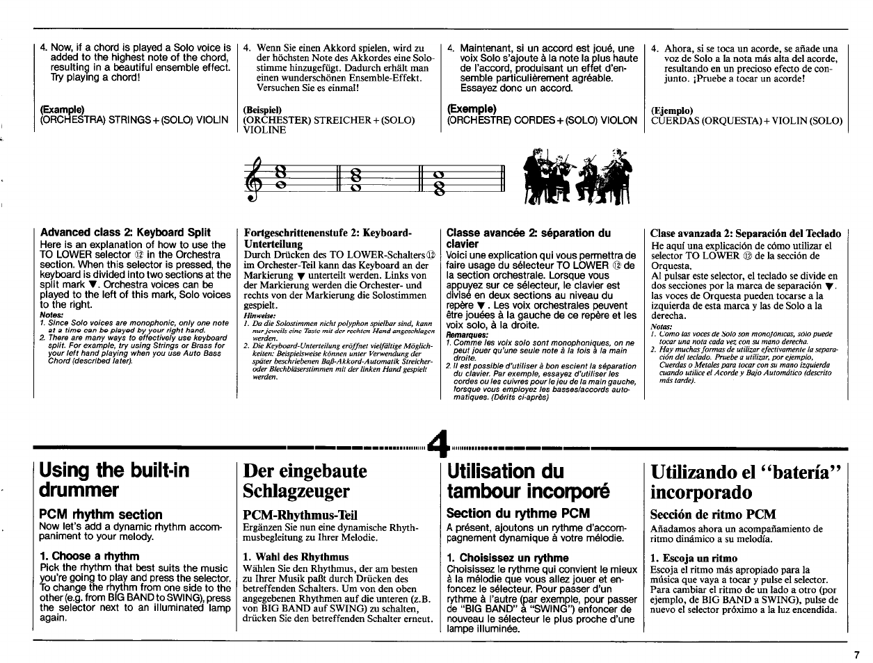Exemple), Advanced class 2: keyboard split, Classe avancée 2: séparation du clavier | Choose a rhythm, Der eingebaute schlagzeuger, Pcm-rhythmus-teil, Choisissez un rythme, Utilizando el ‘batería” incorporado, Sección de ritmo pcm, Using the built-in drummer | Yamaha PSR-60 User Manual | Page 9 / 32