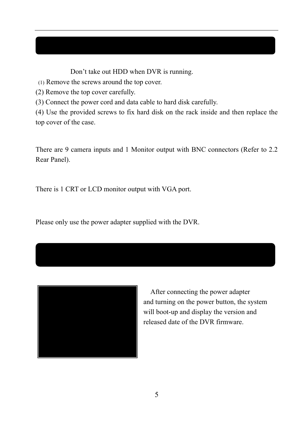 1 install hard disk, 2 connecting camera and monitor, 3 vga output | 4 connecting power supply, Chapter 4: starting the dvr, 1 firmware version, Chapter 3: installation | LT Security LTD911M6KIT2 User Manual | Page 6 / 27