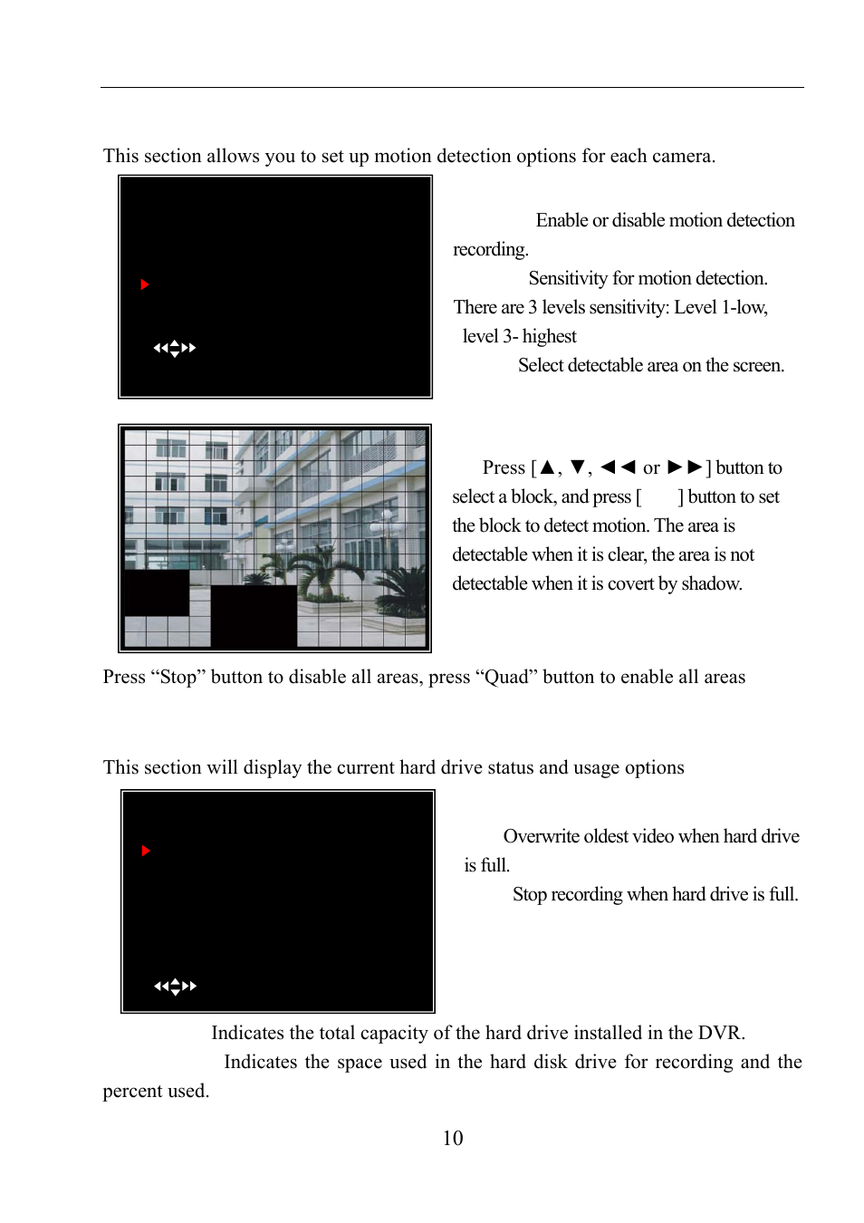 10 motion detector setup, 11 hard drive setup, 10 motion detector setup 5.11 hard drive setup | Motion detector setup, Area selection, Overwrite enabled | LT Security LTD411M6KIT User Manual | Page 11 / 27