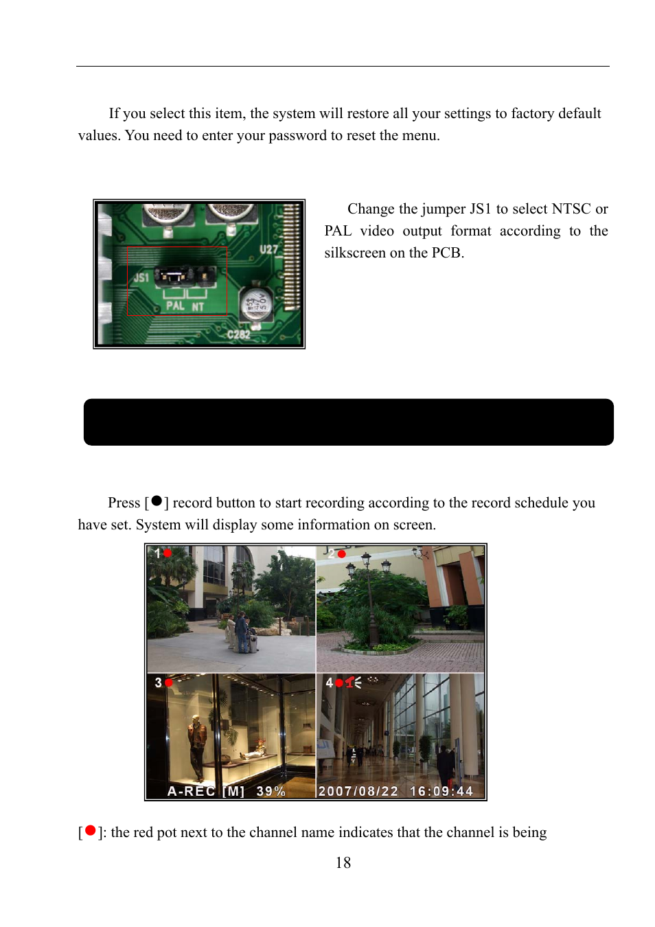 23 reset menu, 24 ntsc/pal output select, Chapter 6: record | 1 start recording, 23 reset menu 5.24 ntsc/pal output select | LT Security LTD411M6KIT User Manual | Page 19 / 27