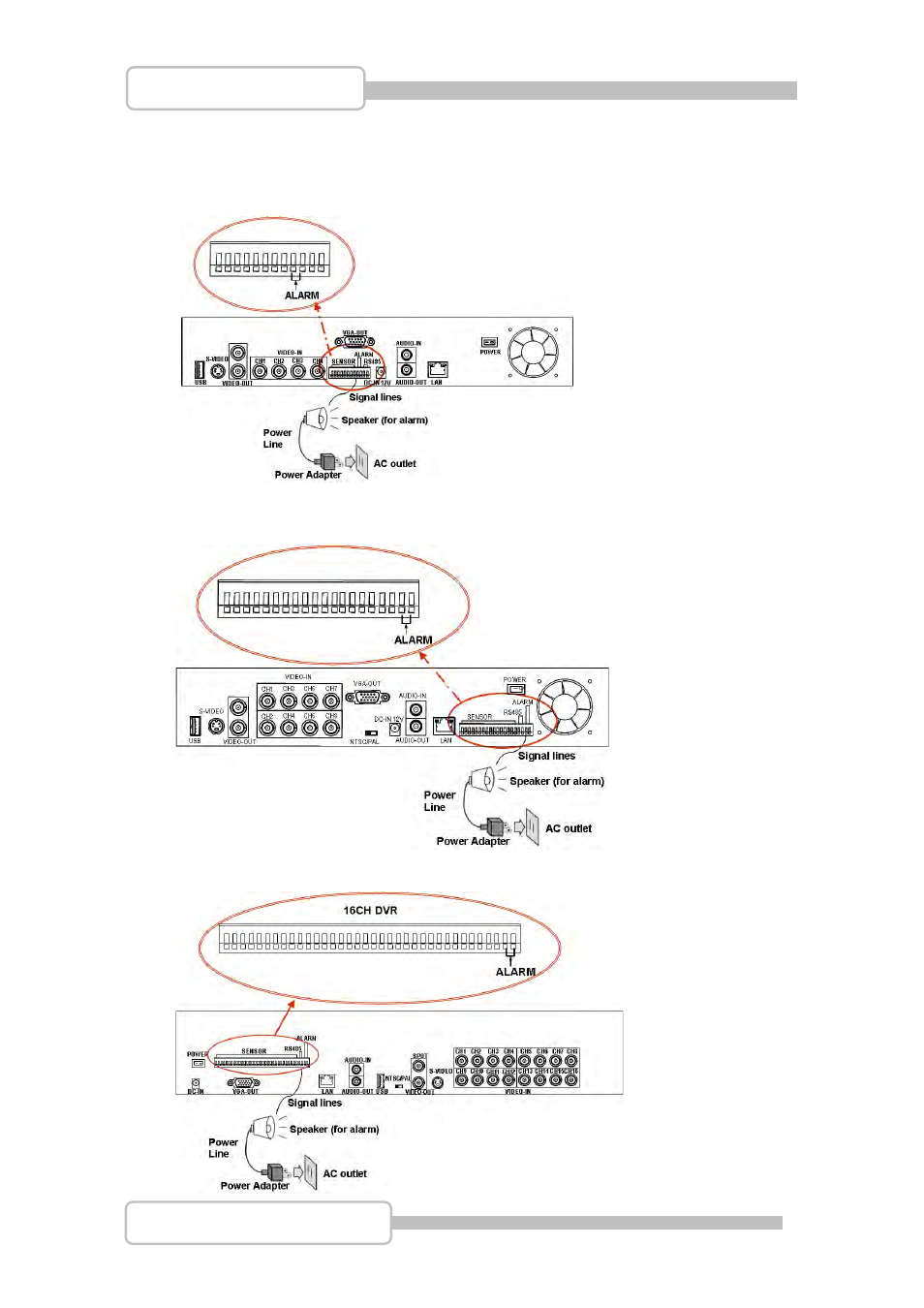 Alarm installation, 4 ch triplex dvr, 8 ch triplex dvr | 16 ch triplex dvr | LT Security LTD831J5 User Manual | Page 26 / 92