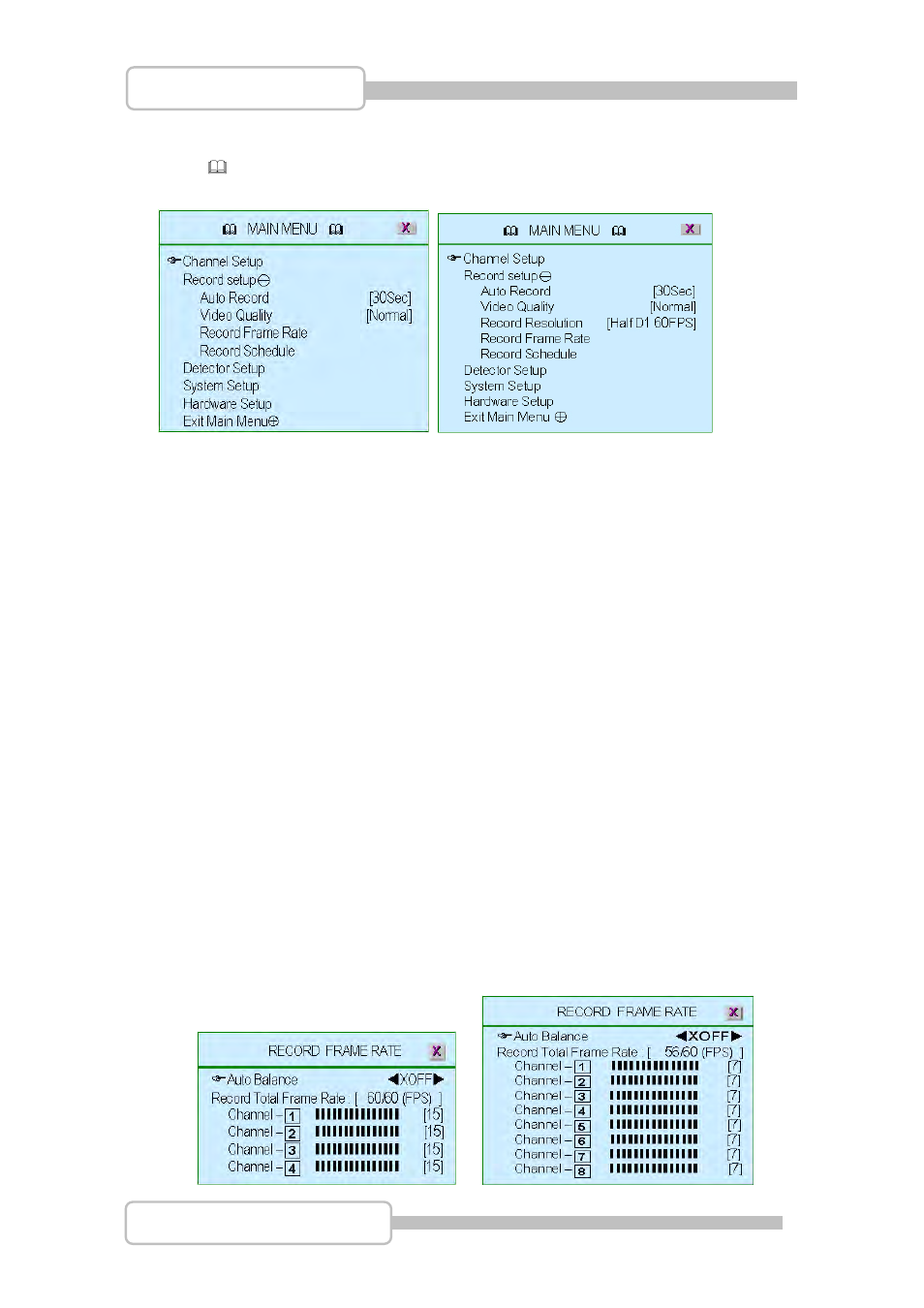 Record setup, Auto record, Video quality | Record resolution (only for 16ch dvr), Record frame rate | LT Security LTD831J5 User Manual | Page 34 / 92