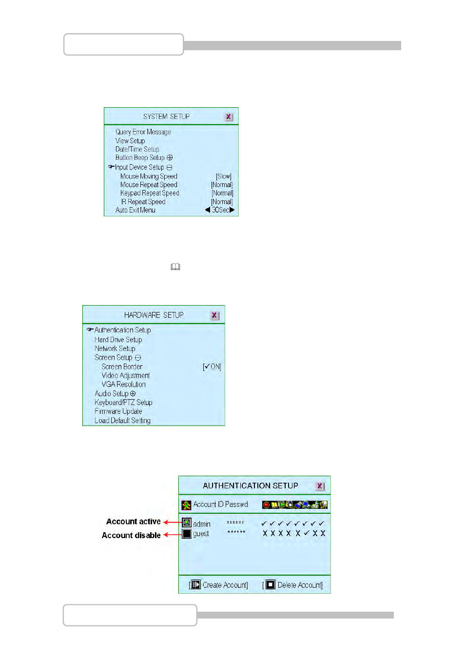 Input device setup, Auto exit menu, Hardware setup | Authentication setup | LT Security LTD831J5 User Manual | Page 46 / 92