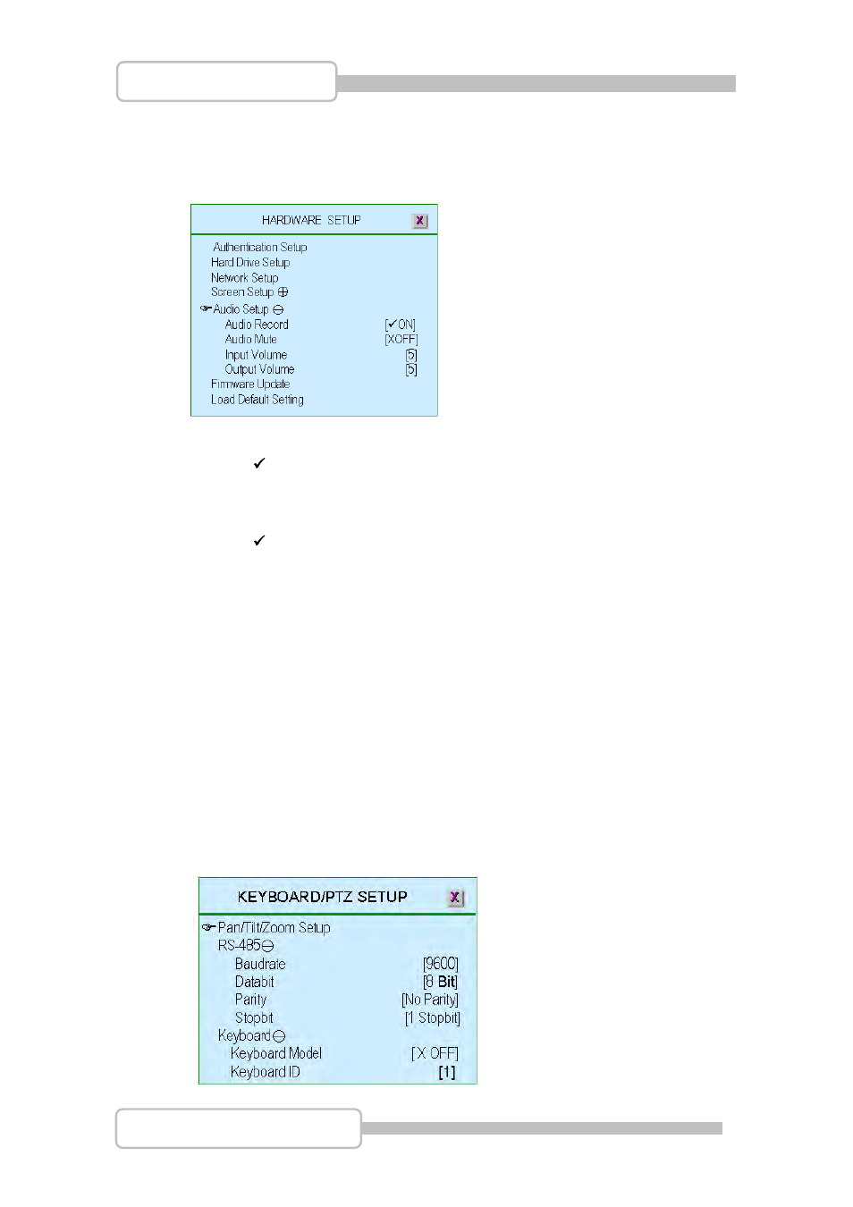 Audio setup, Keyboard/ptz setup | LT Security LTD831J5 User Manual | Page 53 / 92