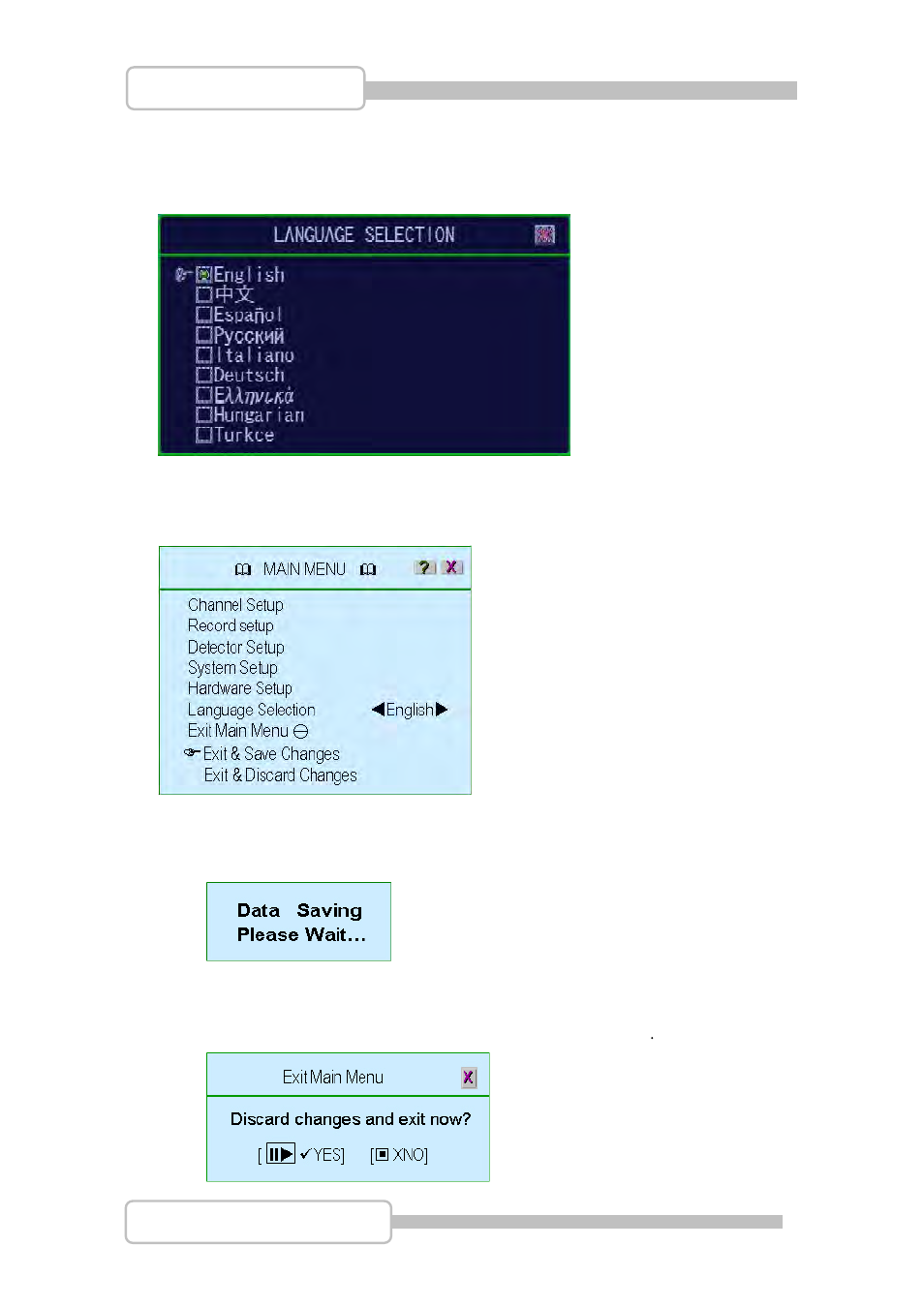 Language selection, Exit main menu, Exit & save changes | Exit & discard changes | LT Security LTD831J5 User Manual | Page 57 / 92