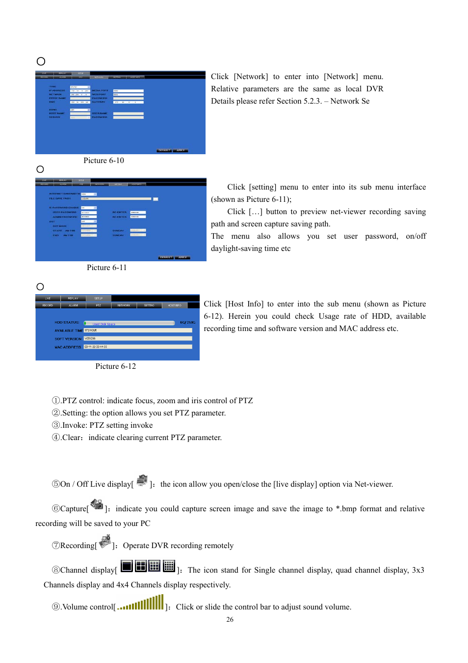 Network, Setting, Host info | 2 ptz control, 3 live play control | LT Security LTD431LCDH6 User Manual | Page 29 / 33